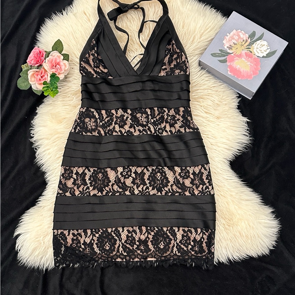 BCBGMaxAzria Black and Cream Lace Backless Dress